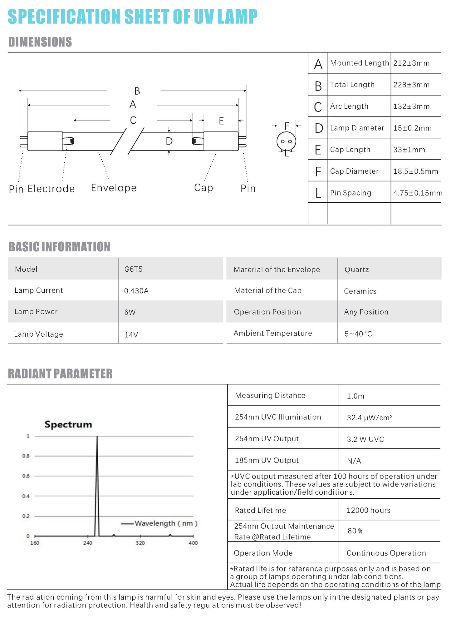 G6T5 - 6w 226mm 2 Single pins at both ends Non Genuine UV Lamp